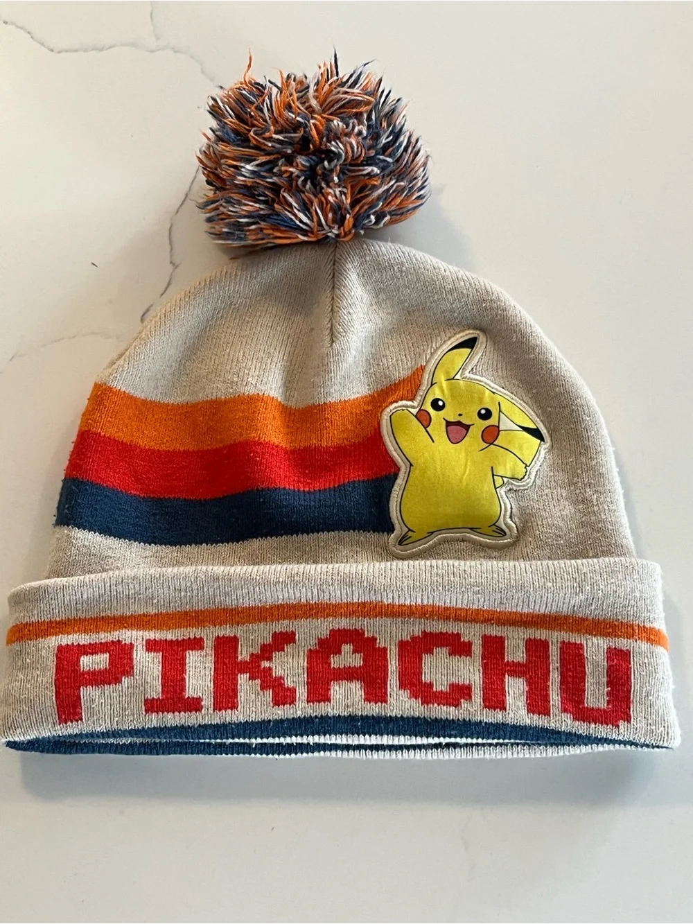 Pokemon Kids Pom Beanie in Gray with Yellow, Orange & Blue